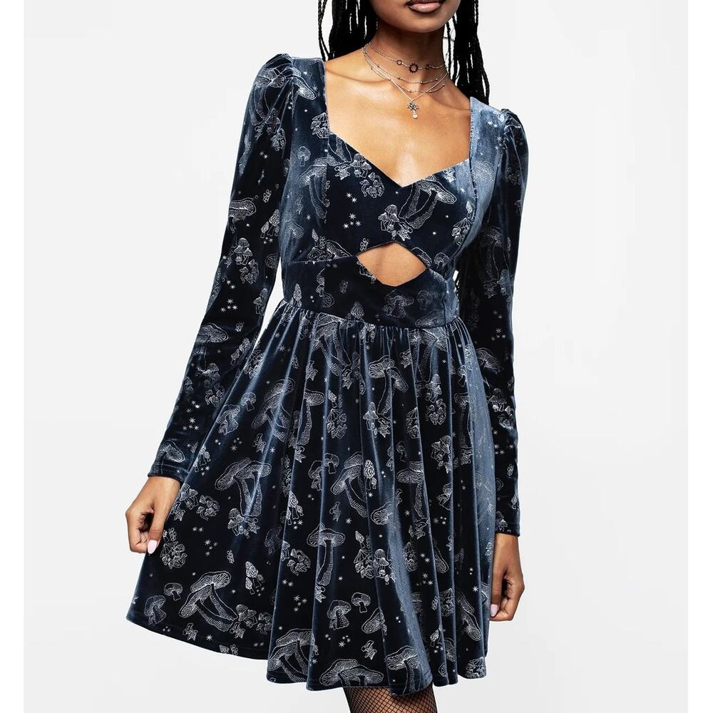 Disturbia Velour Puff Sleeve Dark Fairy Goth Mini Dress w Mushrooms Cut-Out sz 8